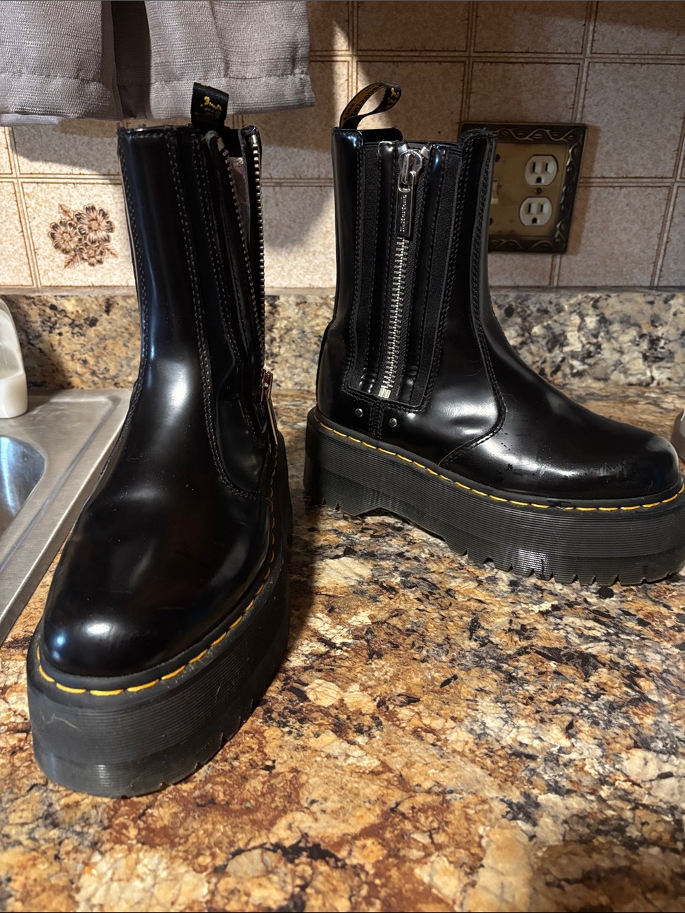 Dr. Martens Black Platform Chelsea Boots with Yellow Stitching